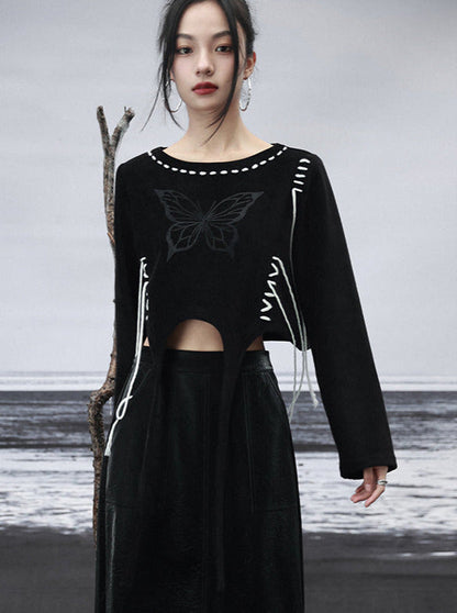 Sweatshirt Design Kurz Schmetterling Strappy Schwarz