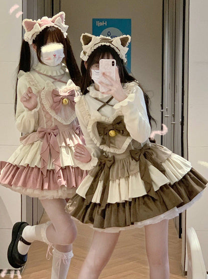 サスペンダードレスセット 耳付きベルベットテールヘアバンド フリル ふわふわ猫ハート