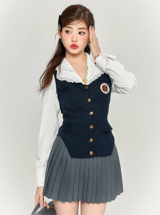 Retro Shirt Vest + Slim Skirt College Pleated