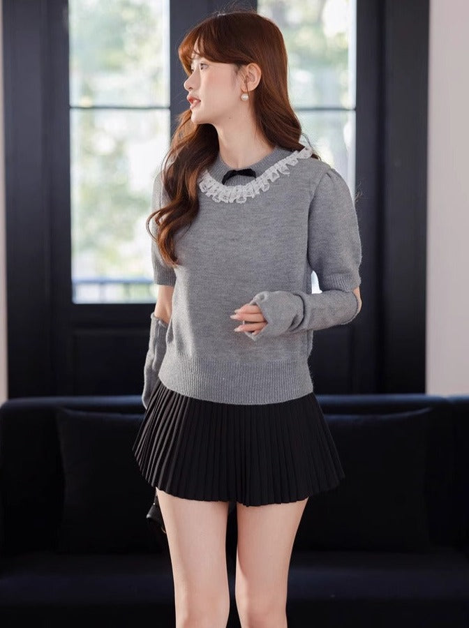 Lace Arm Ribbon Sweet Warmers Top Knit