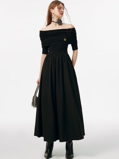 モードなオフショルダーロングドレス