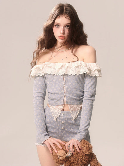 Spitzentop + Shorts in französischem Grau, schulterfreier Anzug mit Blumenmuster in Lila