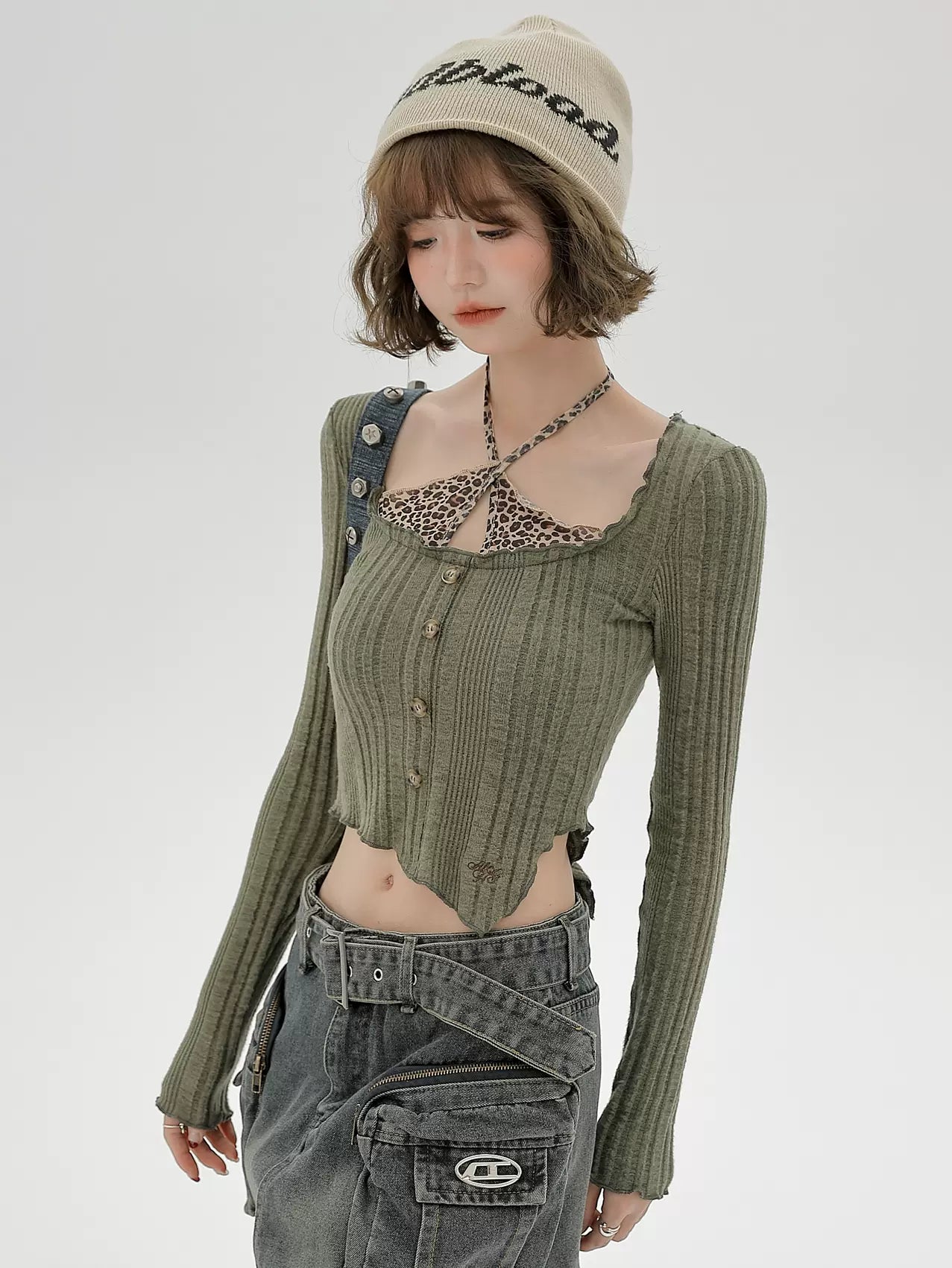 Piece Top Leopard Kontrast Kurz Schlank Zweifarbig Hals Faux Neckholder