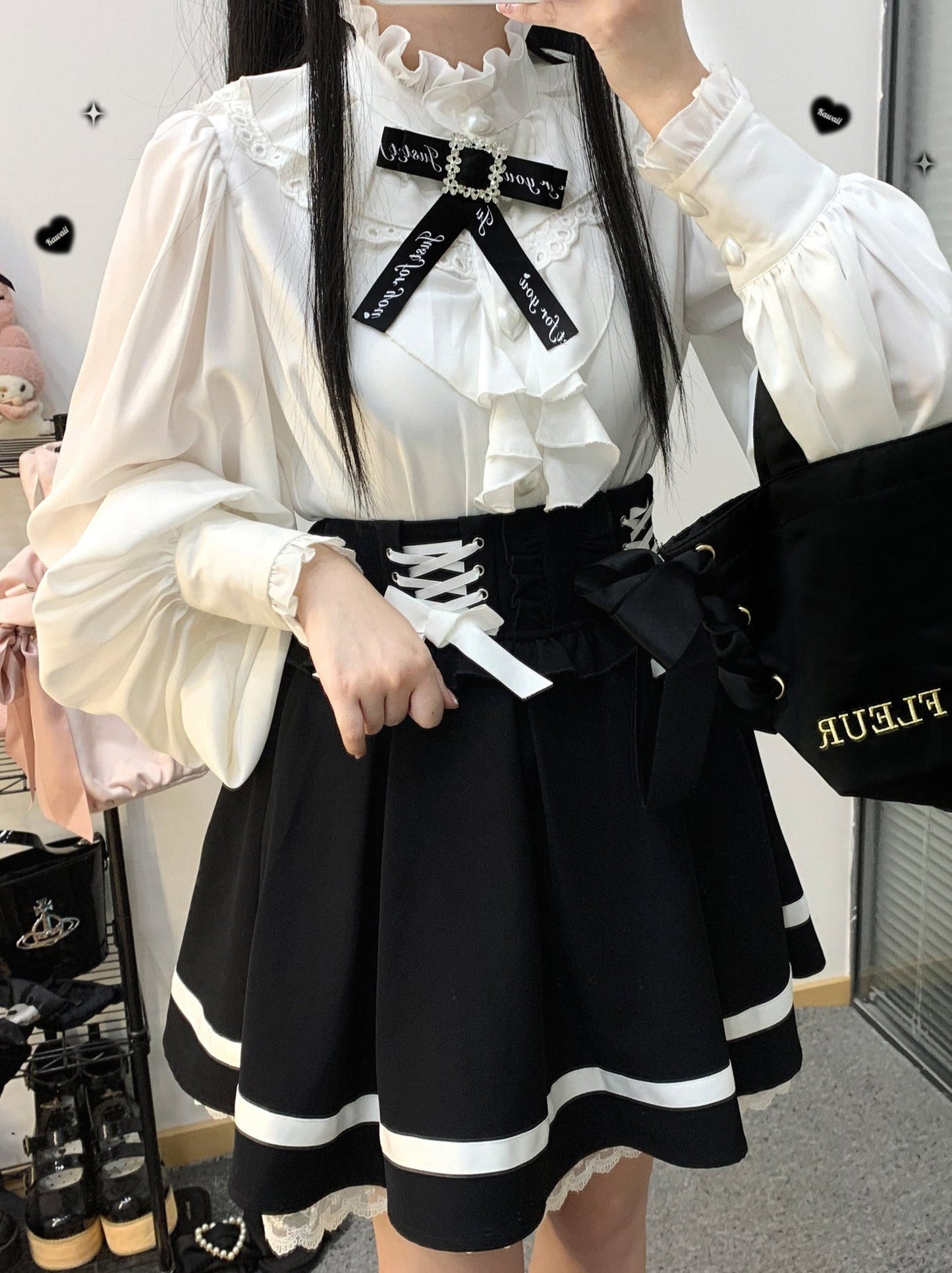 Stand Collar Loose Ruffle Volume Sleeve Ribbon Shirt