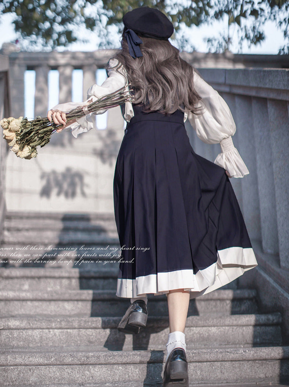 Stil Baskenmütze + Emblem Elegante Rüsche + College Chiffon Kleid + Bluse Krawatte Retro Cyan