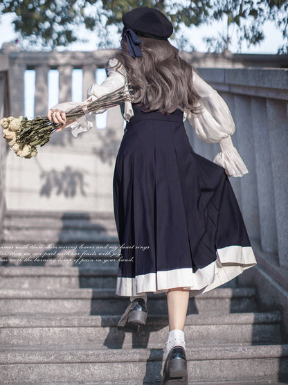 Stil Baskenmütze + Emblem Elegante Rüsche + College Chiffon Kleid + Bluse Krawatte Retro Cyan