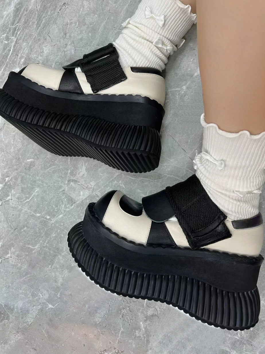 プラットフォームカジュアルシューズレザーベルクロ