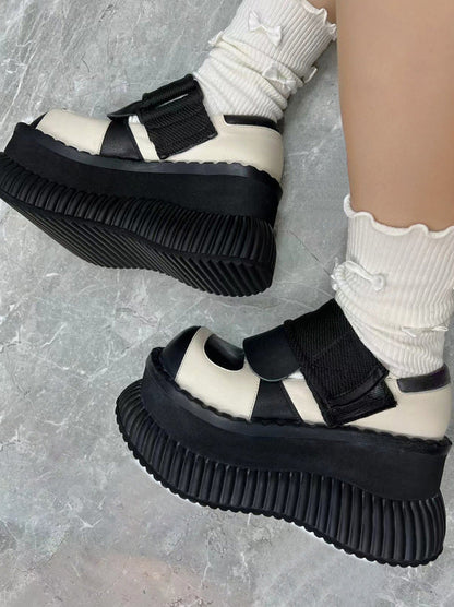 プラットフォームカジュアルシューズレザーベルクロ