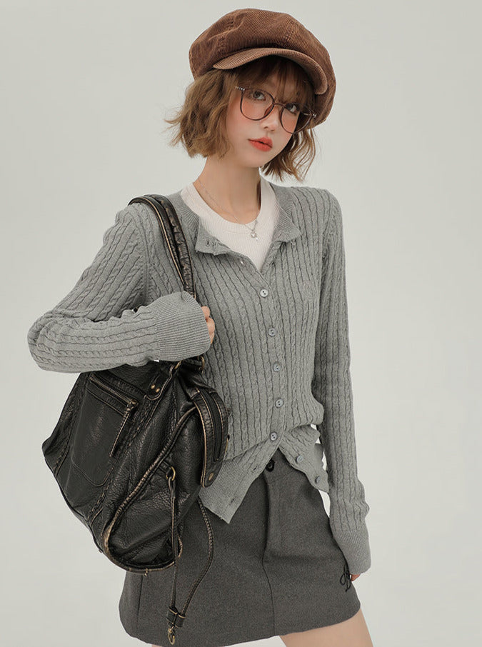 アメリカンレトロラウンドネックスリムニットカーディガン