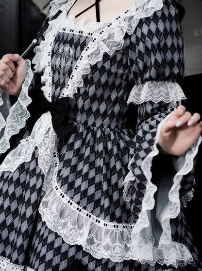 大きなチェックのロリータリボンドレス
