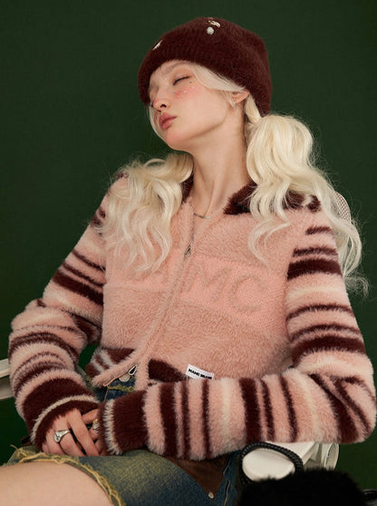 Gestreiftes Cardigan-Oberteil aus doppeltem Wollreißverschluss