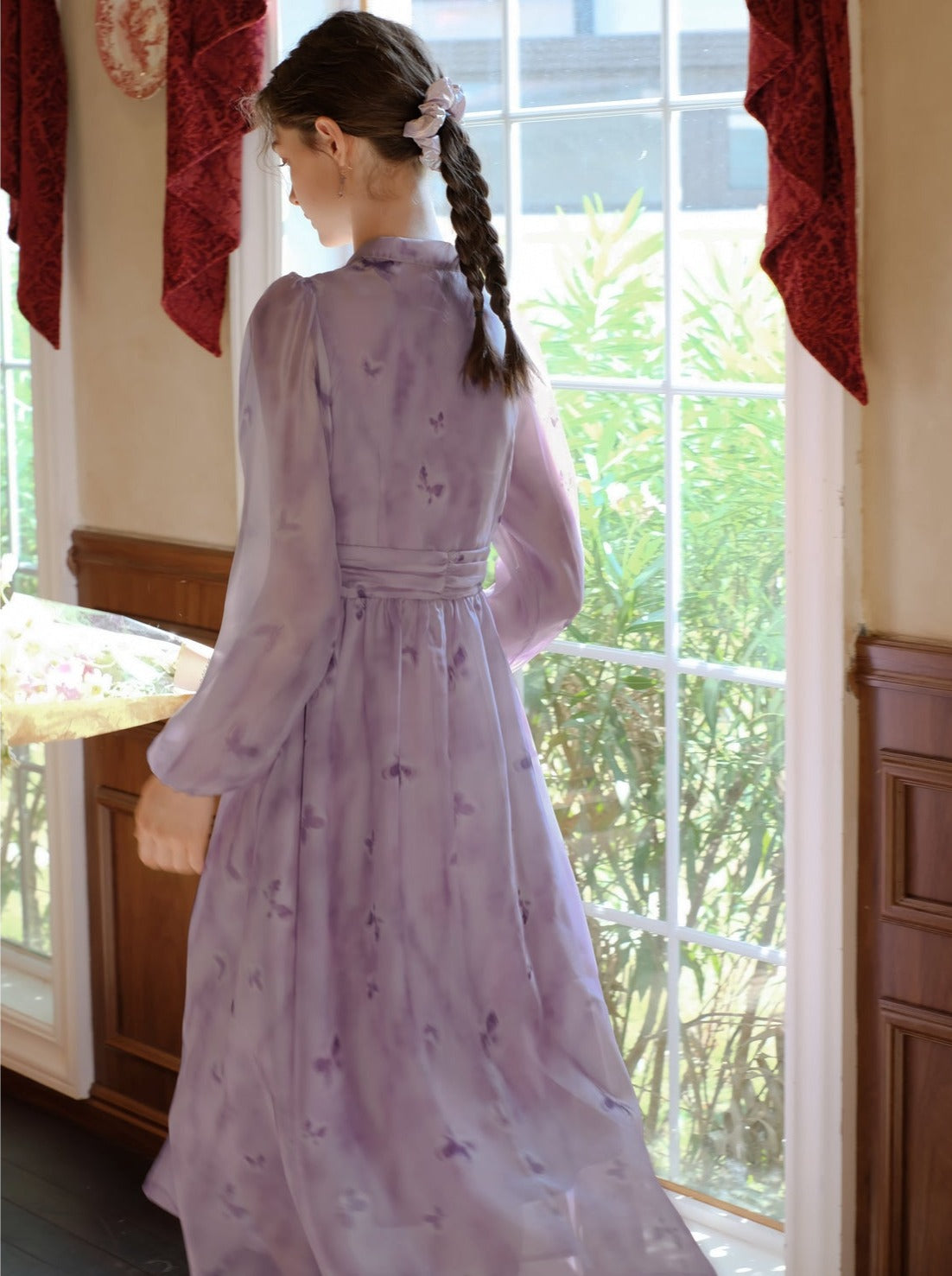 プリントドレス シフォン ブルーム フレンチ バタフライ