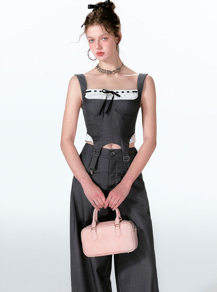 Wide Two-piece + Design Contrast Faux Vest Mint-cool Pants