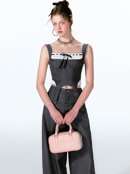 Wide Two-piece + Design Contrast Faux Vest Mint-cool Pants