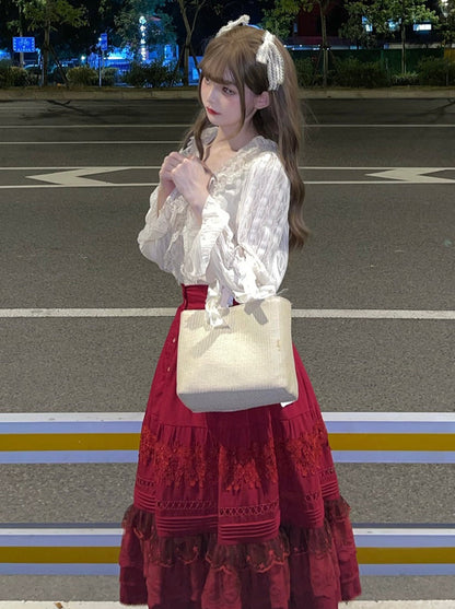 レース無地コットンカラーロリータシャツ