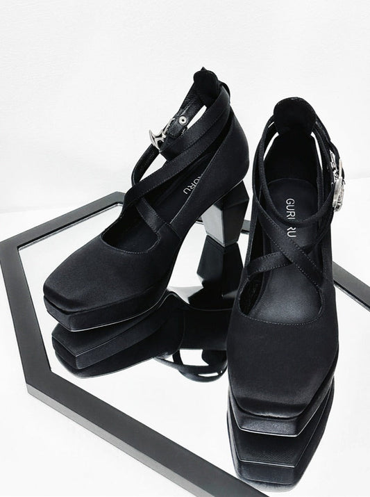 Toe Strap Goth High Elegant Square Teresa's Silk Prayer Heels