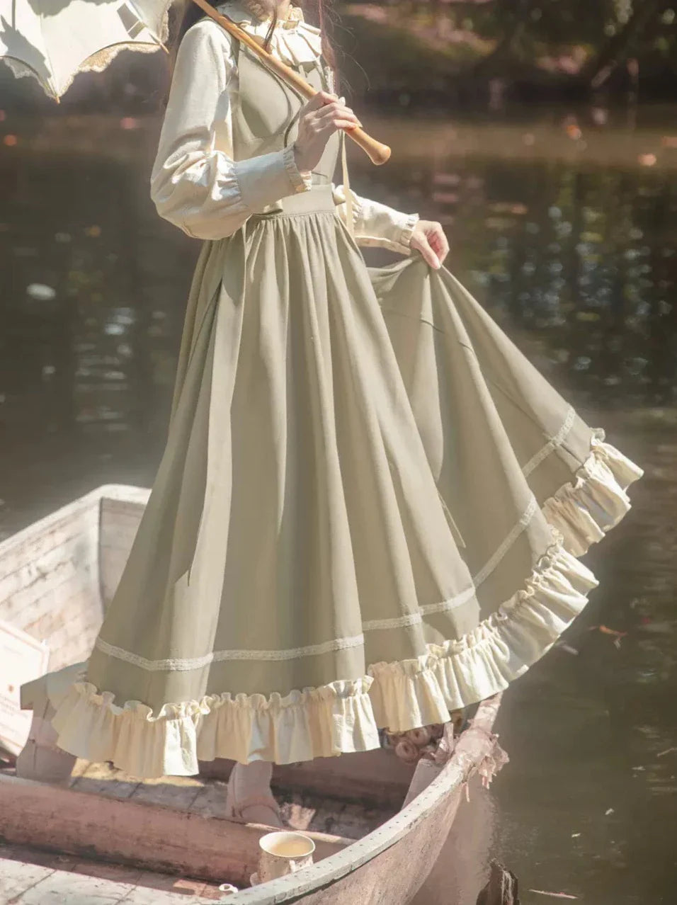 Dress French + Retro Long Ruffle Vest Green Blouse