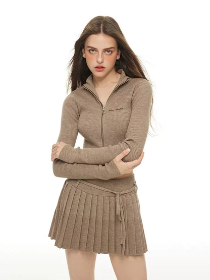 Cardigan Sweater Skirt + Zipper Pleated Fit Short Slim