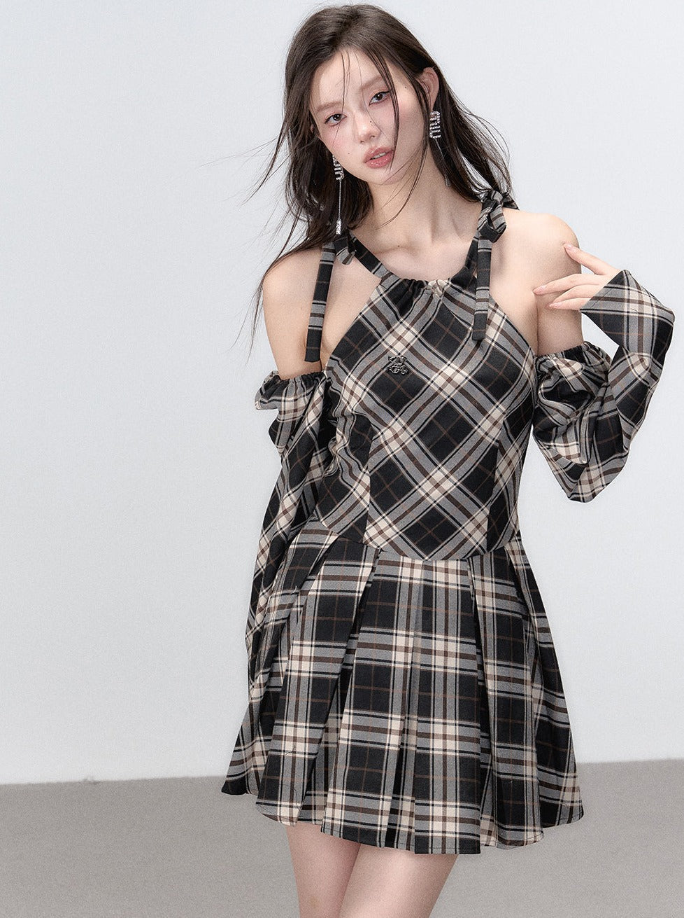 Line Ribbon Suspender Dress French Check