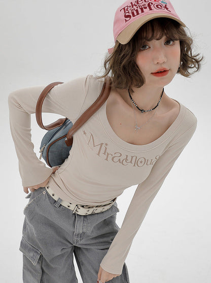 Milk T Long U-Neck Print Logo Tea American