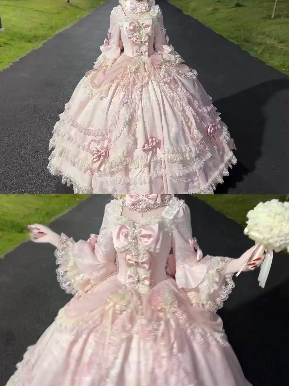 Pink Rococo Lolita gown worn outdoors showing layered skirt and long sleeves