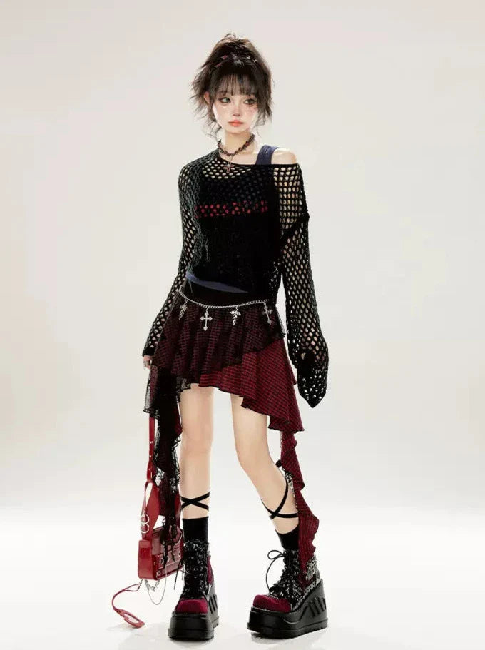 プルオーバー ブラック シアー ルーズニット カットアウト