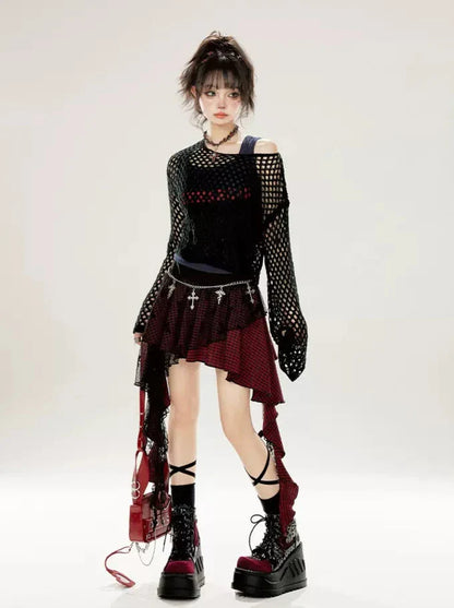 プルオーバー ブラック シアー ルーズニット カットアウト