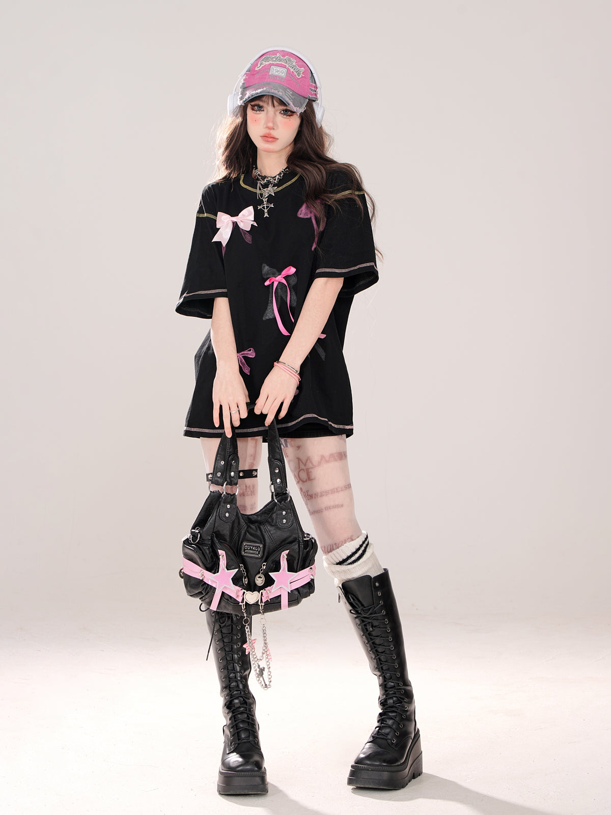 Tシャツ ストリート ラウンドプリント リボン アメリカン デコ ネック ルーズ