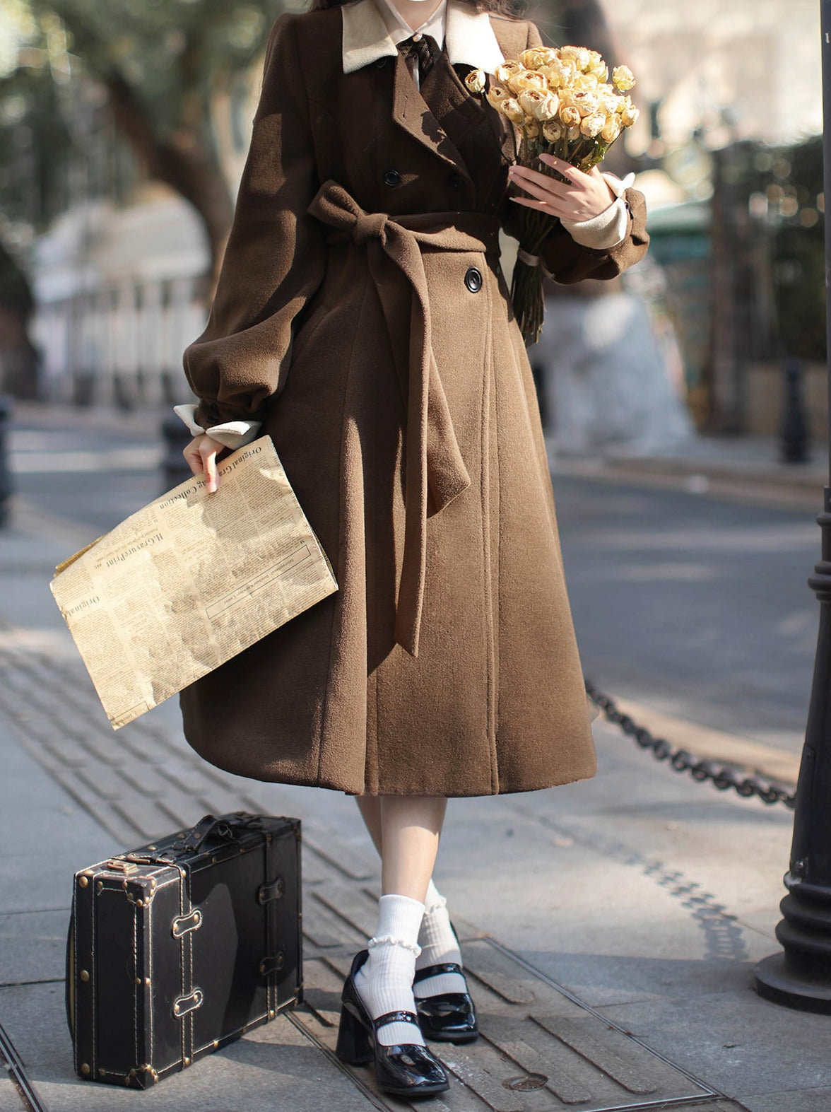 Sleeveless Coat Belt  Ribbon Classic Layered Accessory Dress Brown Check Retro Pearl Volume