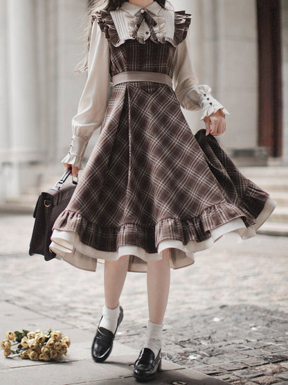 Sleeveless Coat Belt  Ribbon Classic Layered Accessory Dress Brown Check Retro Pearl Volume