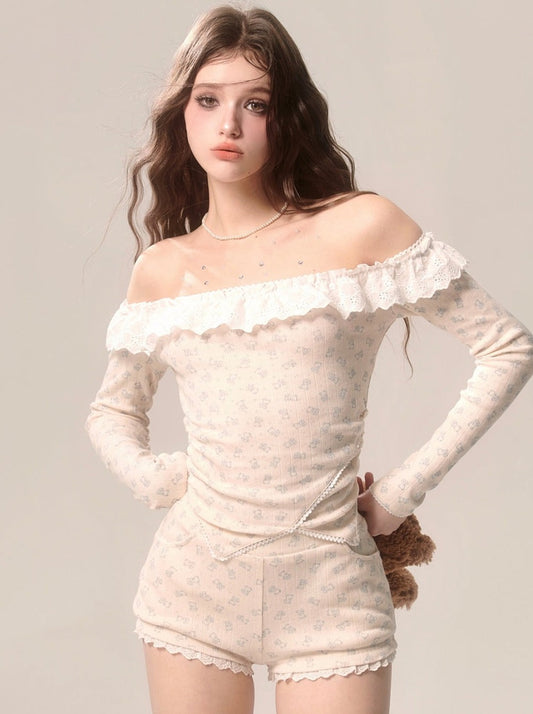 Milky Top Girly Shorts + Apricot Lace