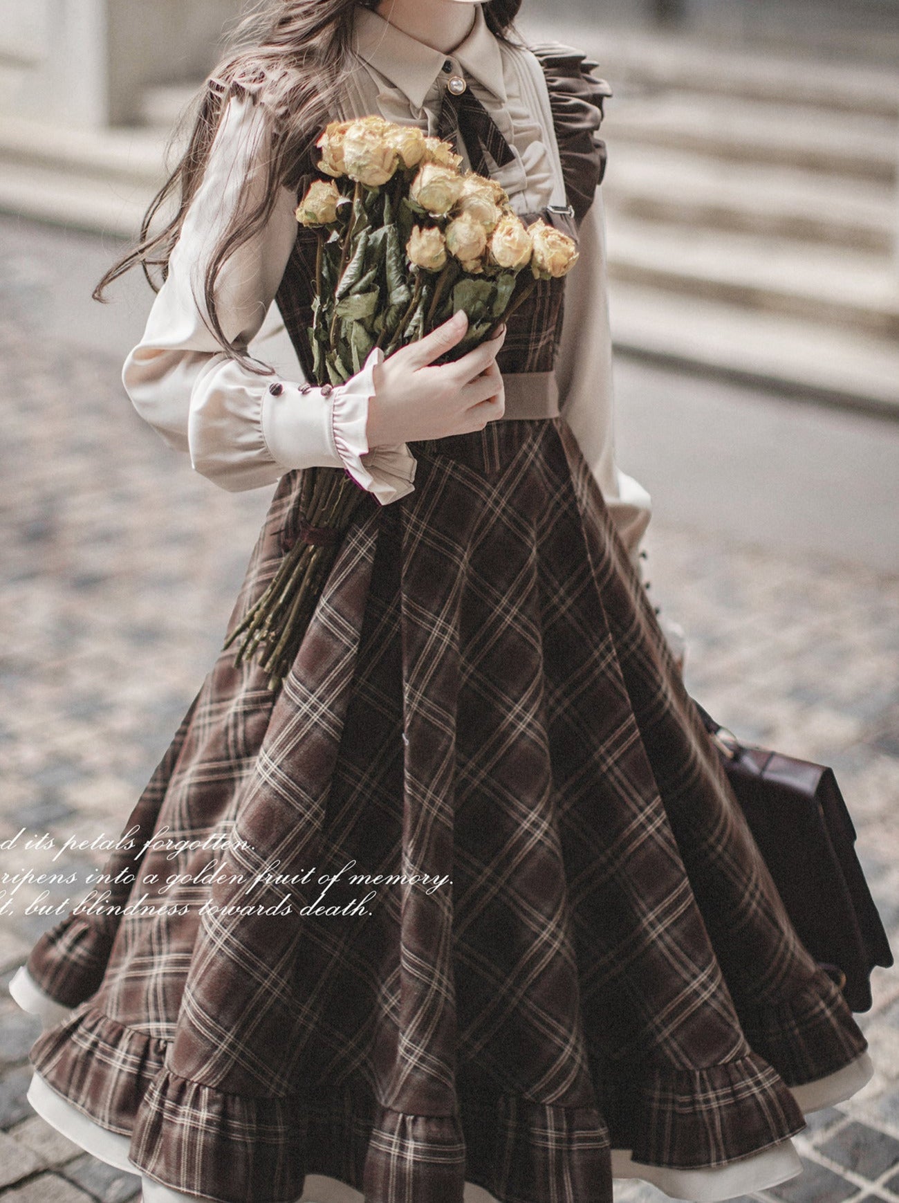 Sleeveless Coat Belt  Ribbon Classic Layered Accessory Dress Brown Check Retro Pearl Volume