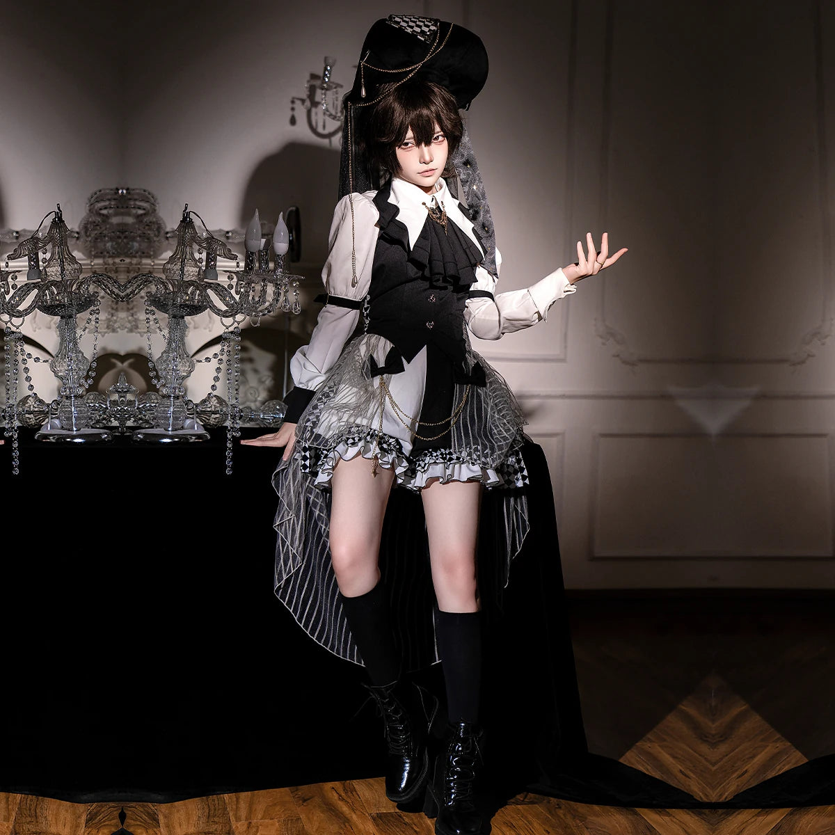 Neo-Ludwig Decisive Chess Pieces black and white Gothic Lolita outfit with shirt and vest