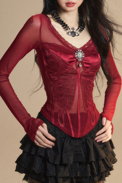 トップメッシュクランベリー 予約商品 オーストラリアンレース Vネック