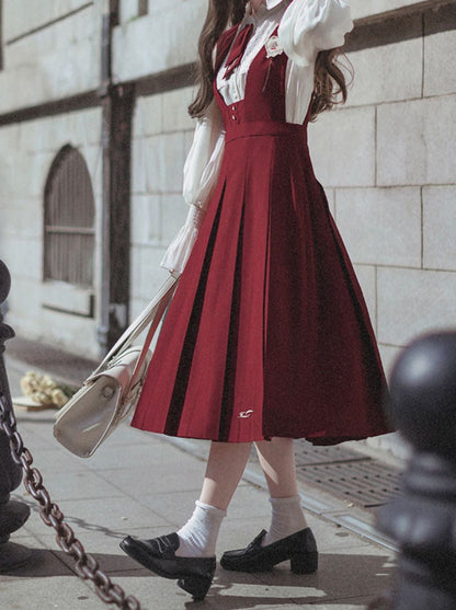 シャツ レトロ シフォン バッジ + カレッジ レース ネクタイ + エレガント + レッド レッド エンブレム サンドレス