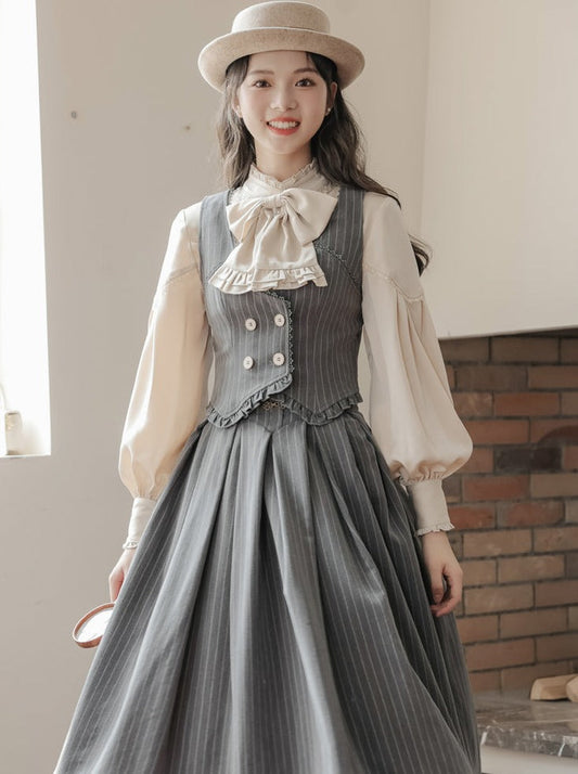 Ruffle + Blouse Striped Collar + Skirt Flared Retro Vest Dark