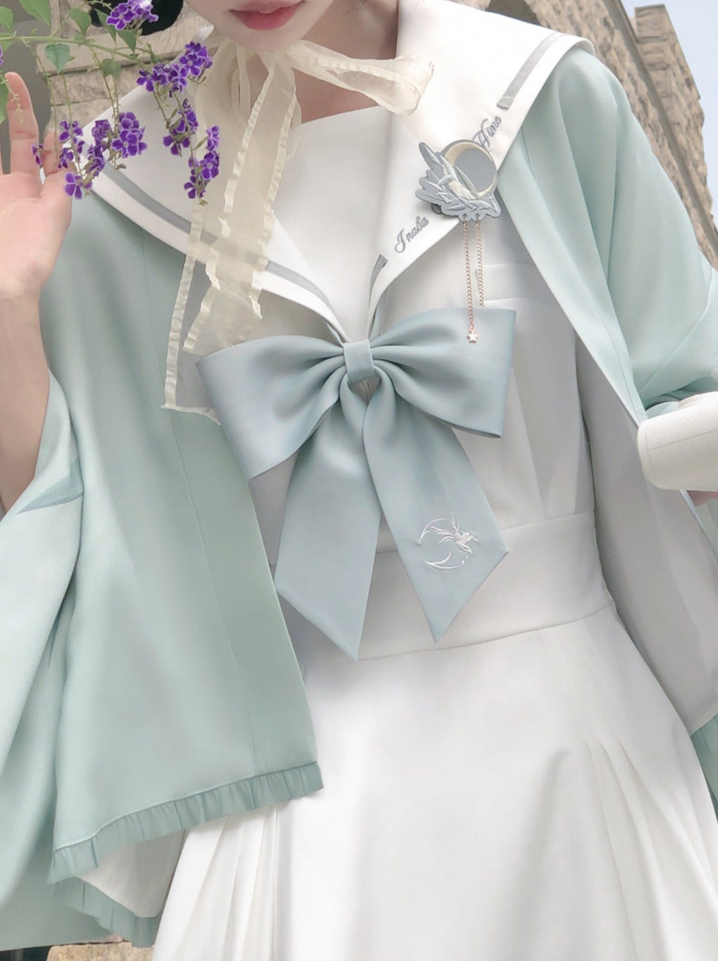 Tie Collar Puff + Sleeve Sailor Haori Tulle Dress Ribbon + Badge Overskirt