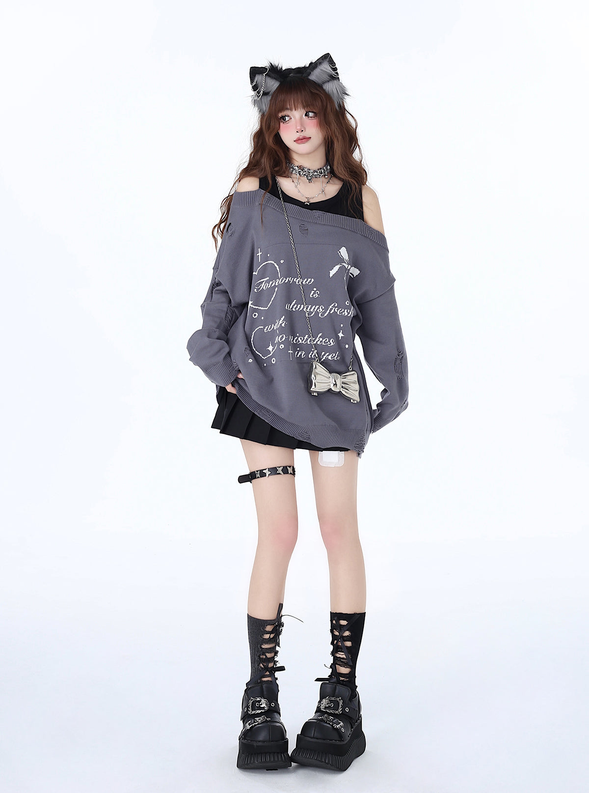 Mädchenhaftes Off-Shoulder Lazy Cool Sweet Zweiteiliges Top Faux