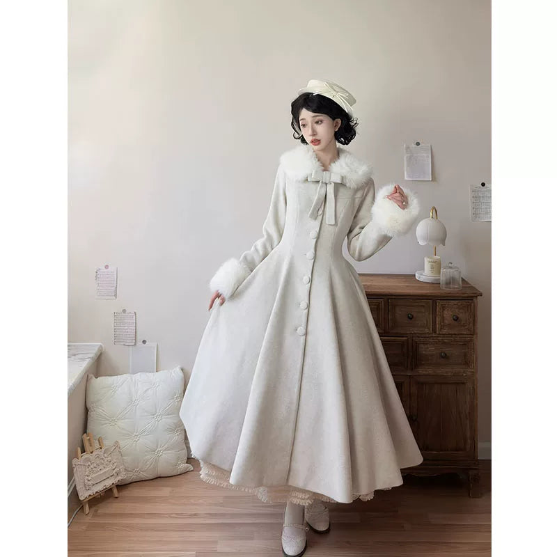 Full-length front view of LilyVow ivory flared coat