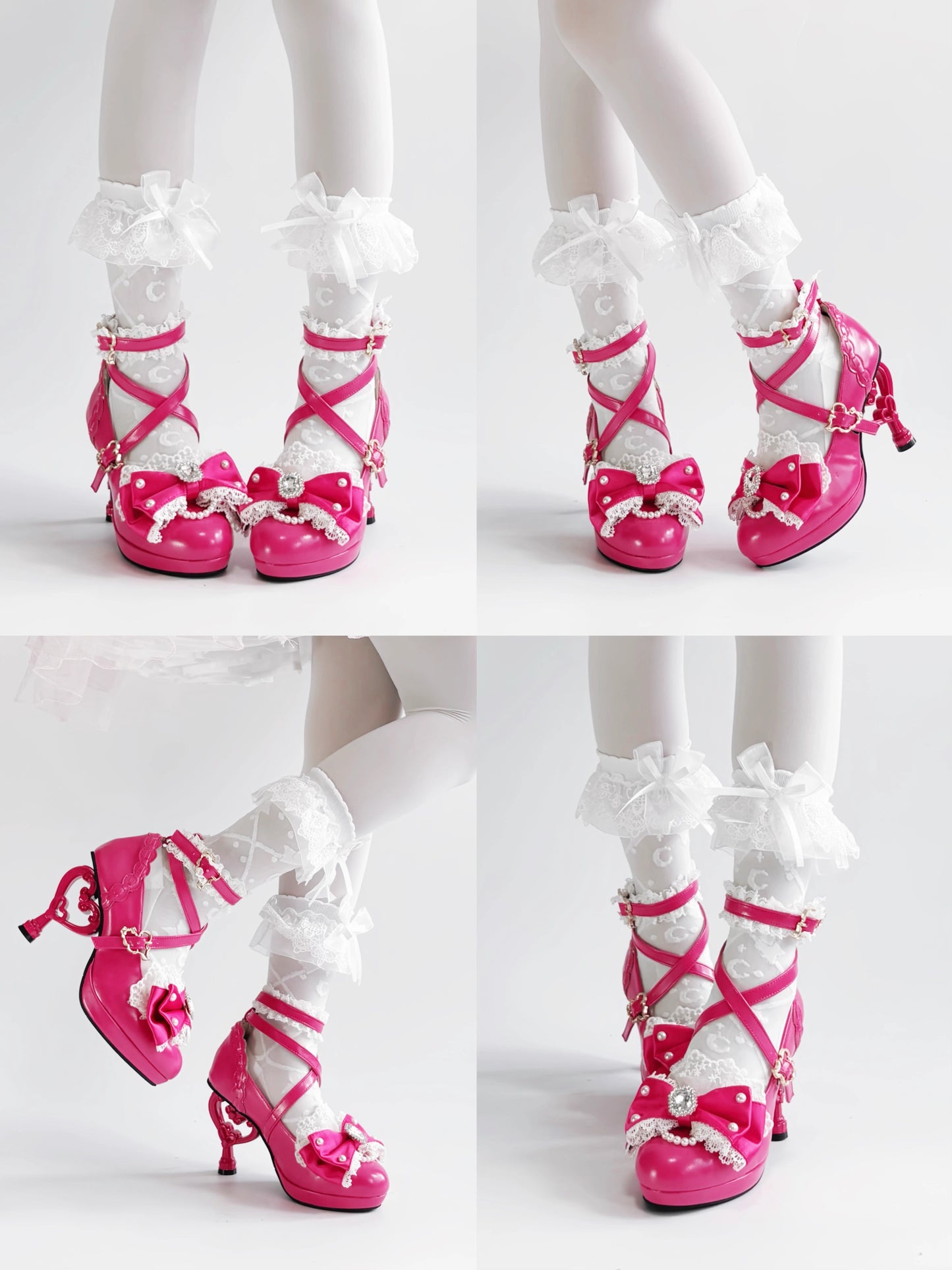 Bead Details, Elegant Bows &amp; Heart Heel PU Deep Pink High-heel Sandals