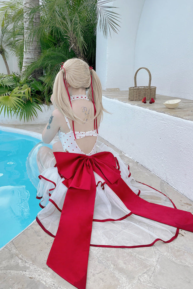 Ribbon Setup Trailing Swimsuit Heart Cute Red
