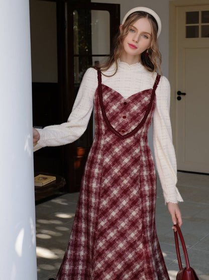 レトロな白いブラウスキャミソールドレス+ロマンティックチェックピュア