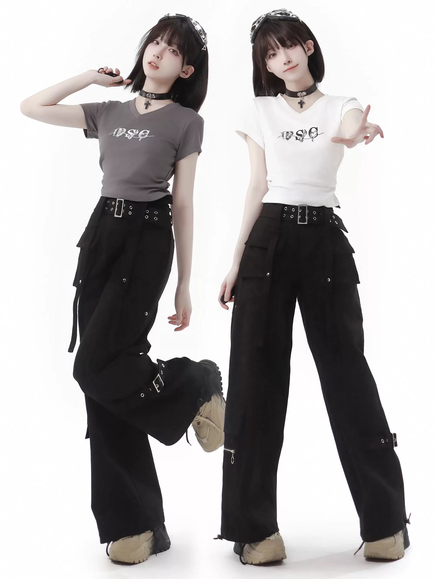 White Waist T-Shirt V-Neck Gray Slim