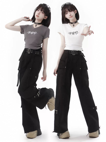 White Waist T-Shirt V-Neck Gray Slim