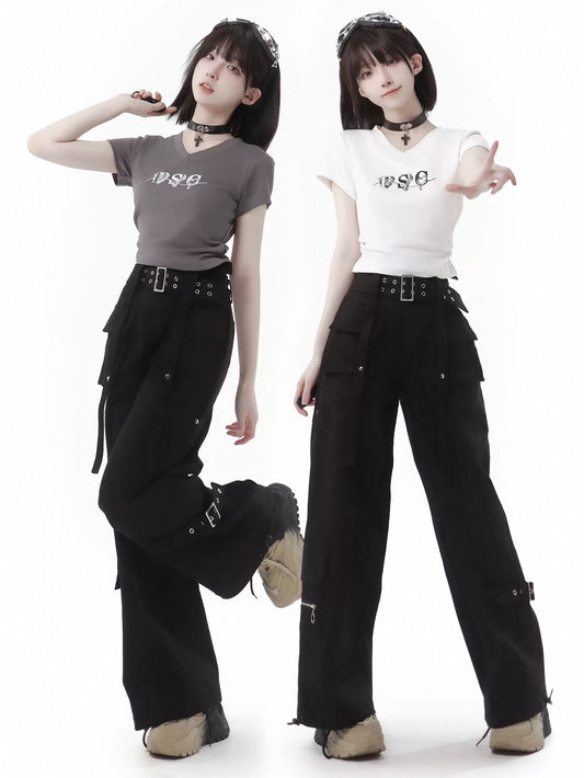 White Waist T-Shirt V-Neck Gray Slim