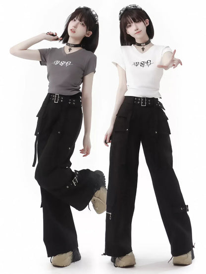 Black Pants Belt Cargo Retro-washed