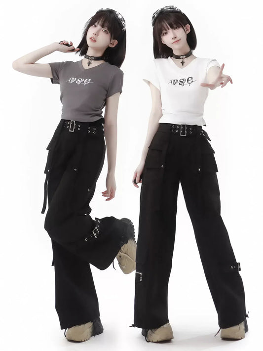 Black Pants Belt Cargo Retro-washed