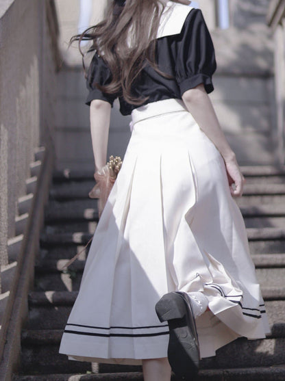 プリーツバニーエレガントネクタイ + レトロな耳パフフレンチスリーブボックスセーラーシャツ + スカートカラー