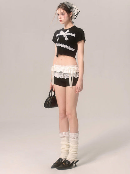 スリムレースTシャツ フリル ショートリボン