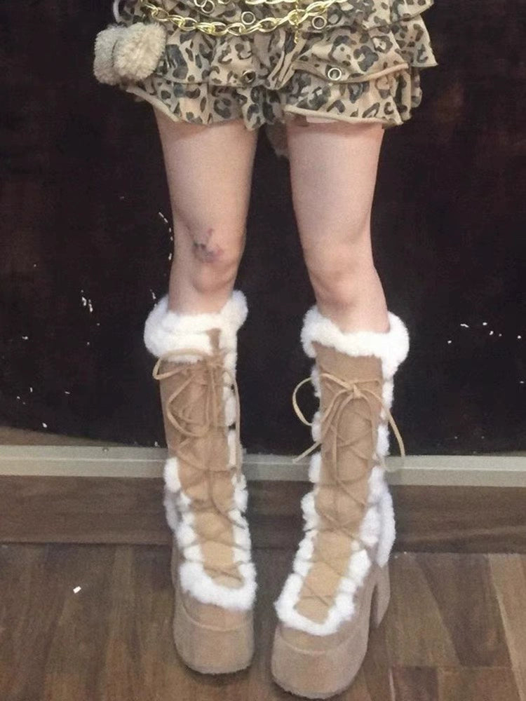 34-46 Y2K Snow Pu Fur Lace-up Thick Heel High Goth Platform Boots